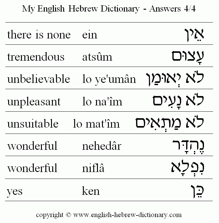 English to Hebrew -- Answers Vocabulary: there is none, tremendous, unbelievable, unpleasant, unsuitable, wonderful, yes