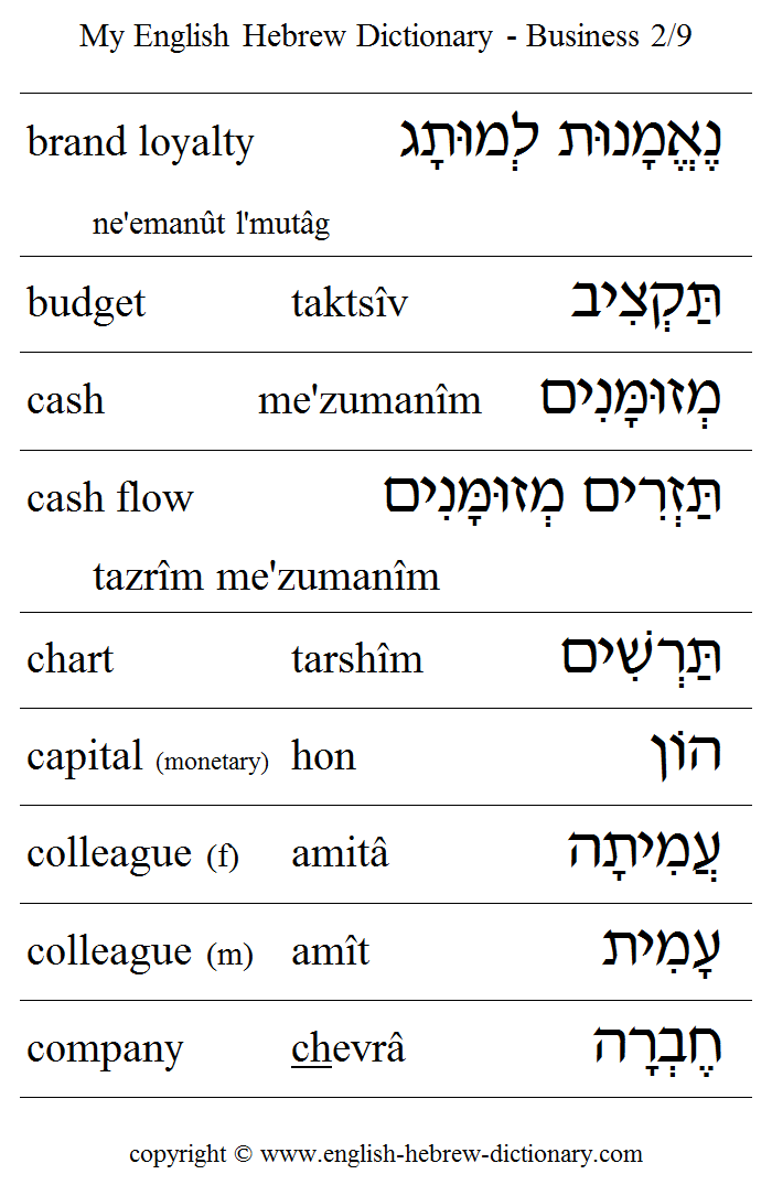 English to Hebrew -- Business Vocabulary: brand loyalty, budget, cash, cash flow, chart, capital, colleague, company