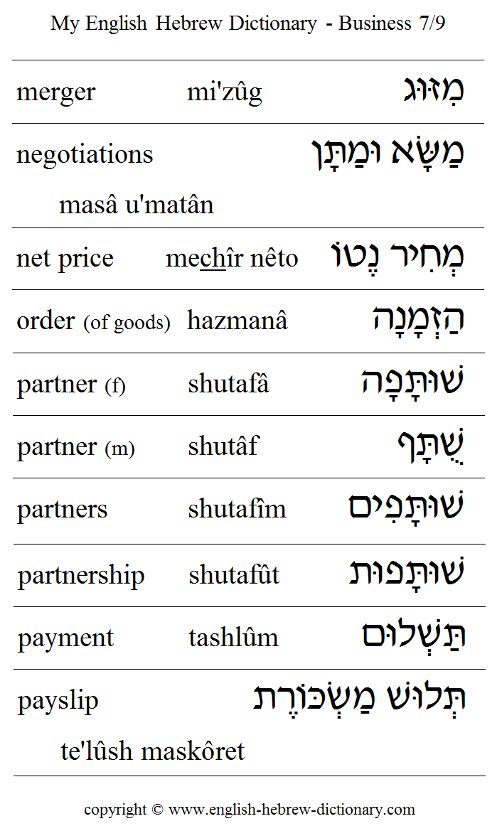 English to Hebrew -- Business Vocabulary: merger, negotiations, net price, order, partner, partners, partnership, payment, payslip