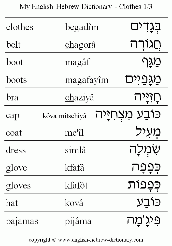 English to Hebrew -- Clothes Vocabulary: belt, boot, boots, bra, cap, coat, dress, glove, gloves, hat, pajamas