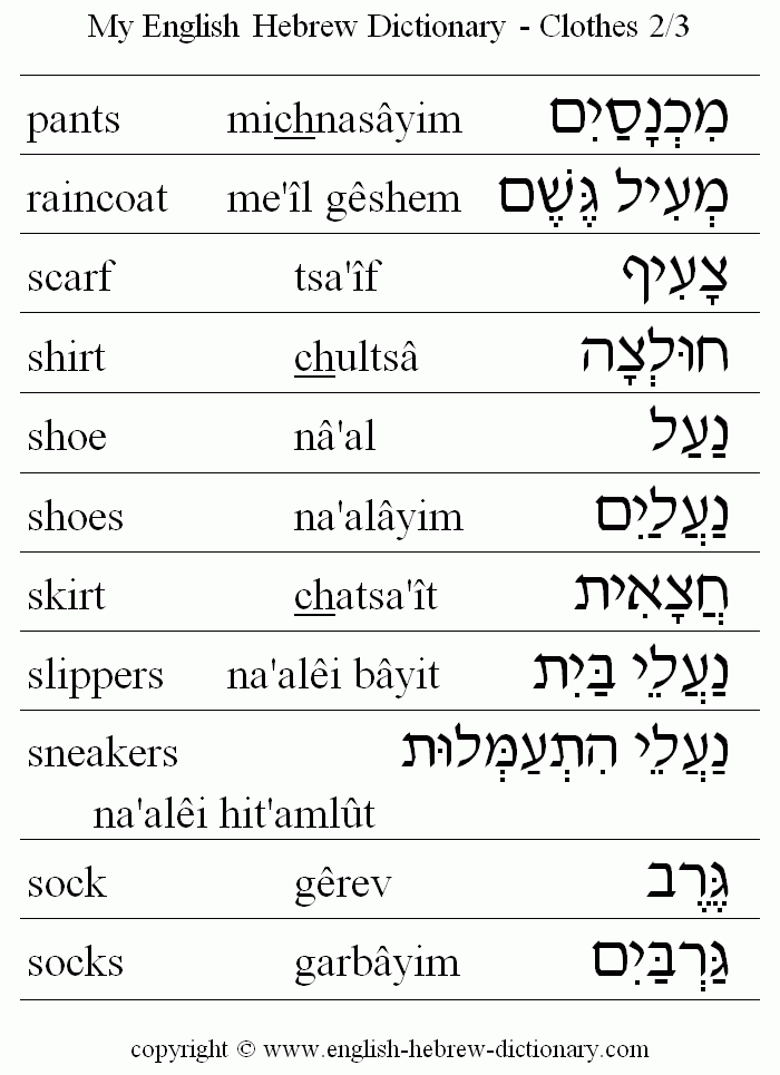 English to Hebrew -- Clothes Vocabulary: pants, raincoat, scarf, short, shoe, shoes, skirt, slippers, sneakers, sock, socks