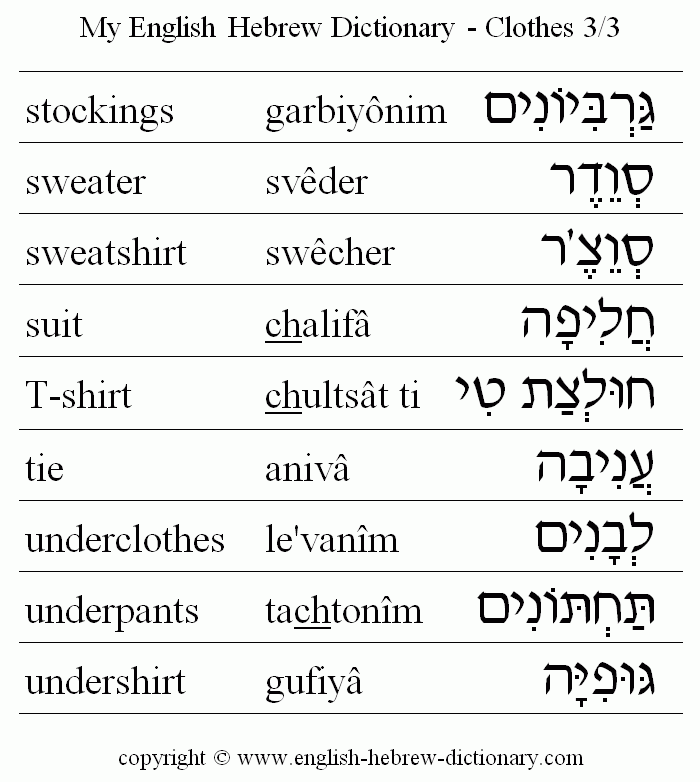 English to Hebrew -- Clothes Vocabulary: stockings, sweater, sweatshirt, suit, T-shirt, tie, underclothes, underpants, undershirt