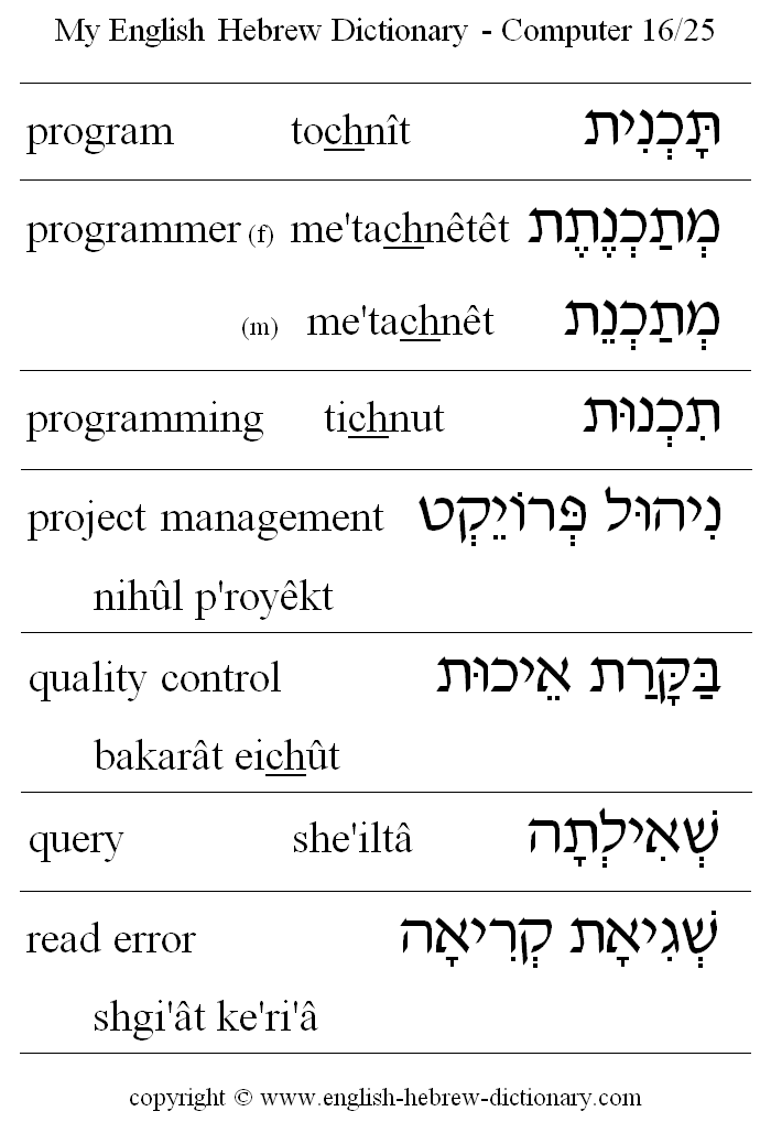 English to Hebrew -- Computer Vocabulary: program, programmer, programming, project management, quality control, query, read error