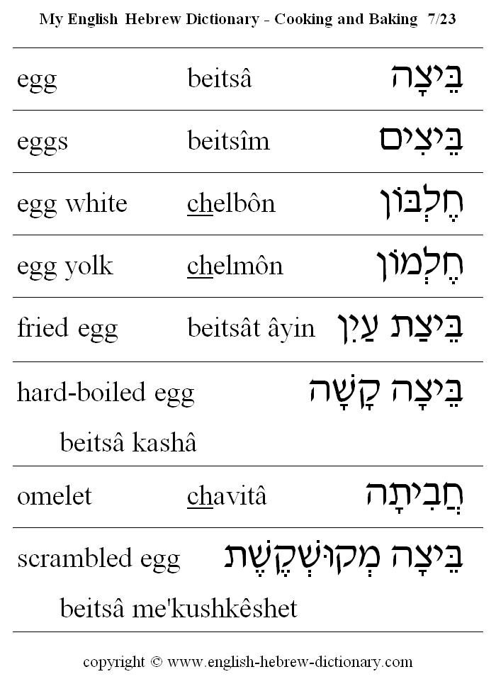 English to Hebrew -- Food - Cooking and Baking Vocabulary: egg, eggs, egg white, egg yolk, fried egg, hard-boiled egg, omelet, scrambled egg