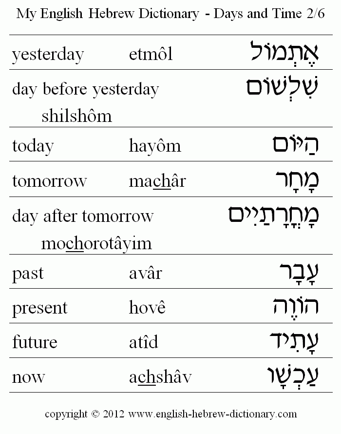 English to Hebrew -- Days and Time Vocabulary: yesterday, day before yesterday, today, tomorrow, day after tomorrow, past, present, future, now