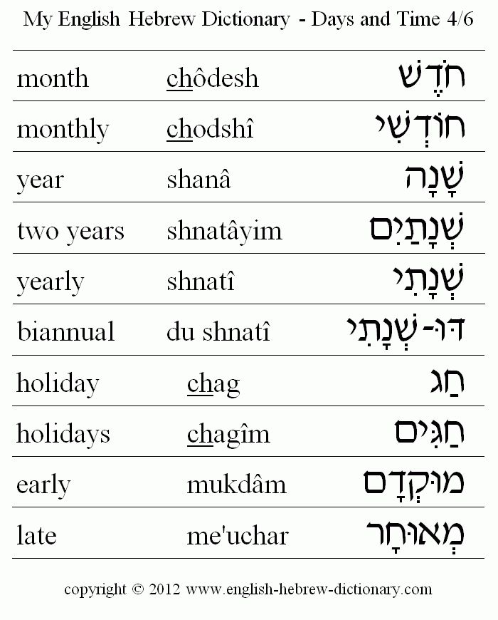 English to Hebrew -- Days and Time Vocabulary: month, monthly, year, two years, rearly, biannual, holiday, holidays, early, late