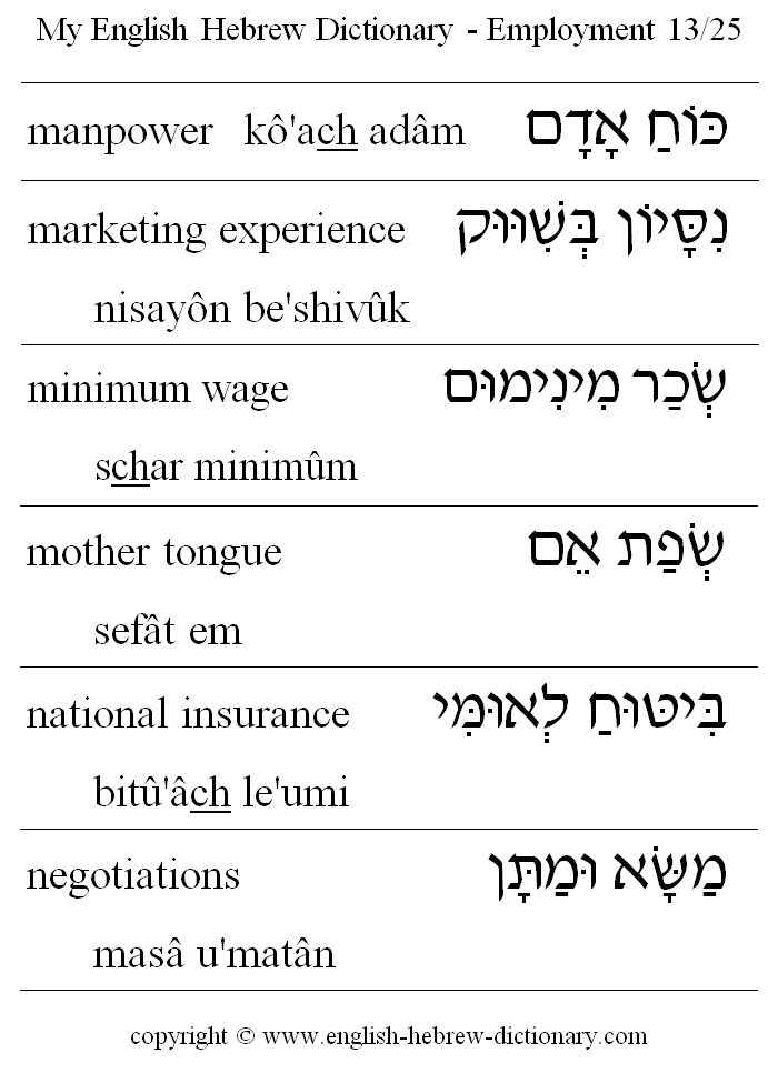 English to Hebrew -- Employment Vocabulary: manpower, marketing experience, minimum wage, mother tongue, national insurance, negotiations