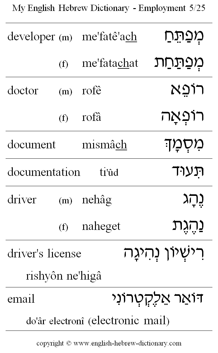 English to Hebrew -- Employment Vocabulary: developer, doctor, document, documentation, driver, driver's license, email, electronic mail