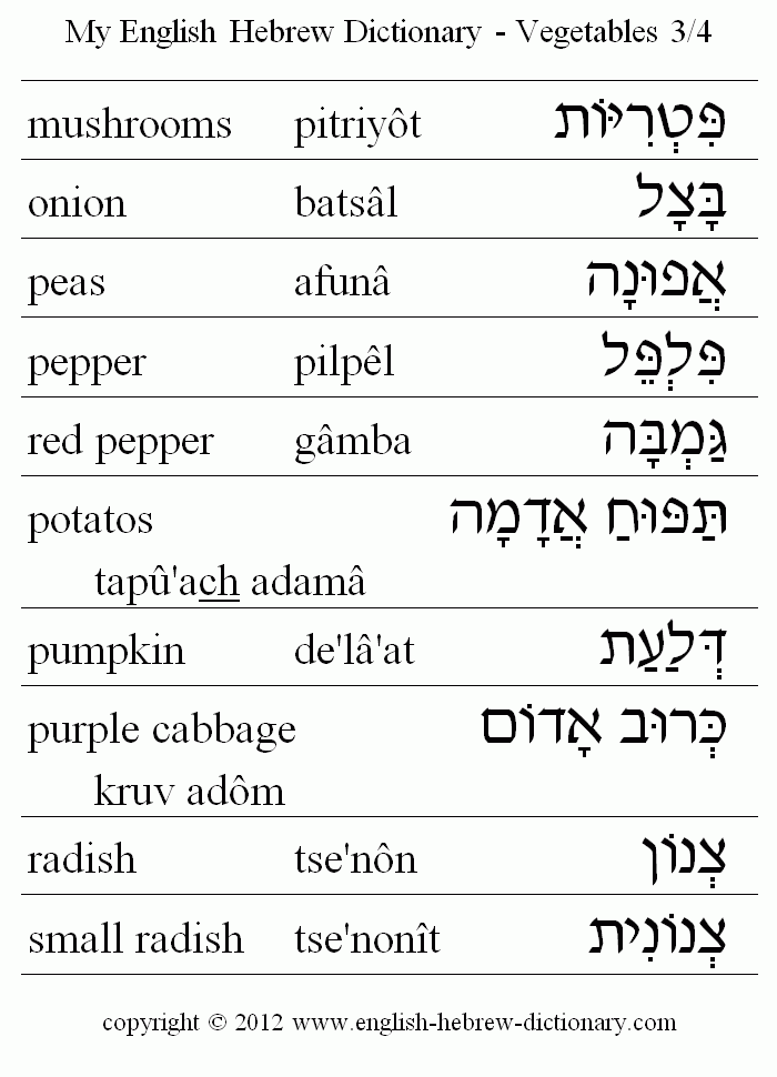 English to Hebrew -- Food - Vegetables Vocabulary: mushrooms, onion, peas, pepper, red pepper, potatos, pumkin, purple gabbage, radish, small radish