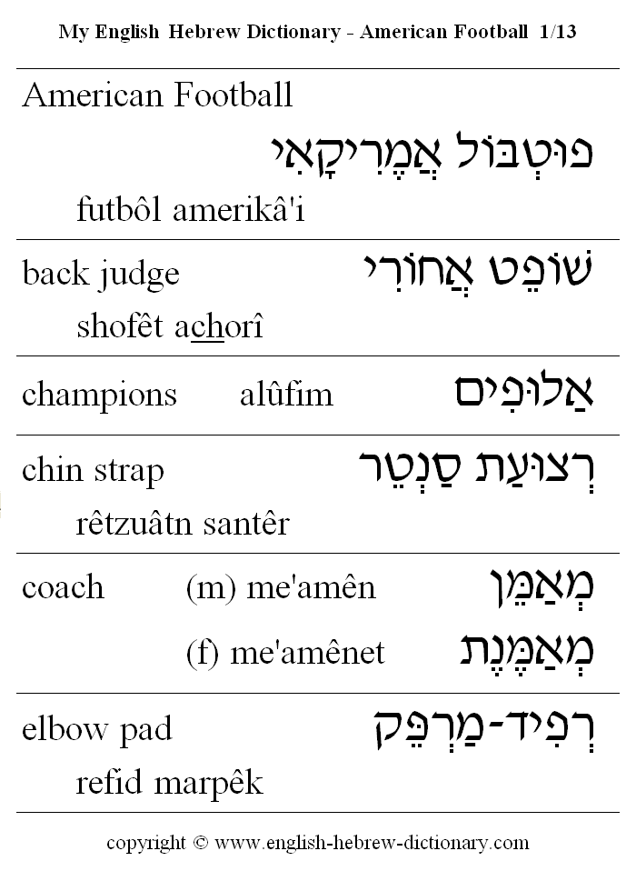 English to Hebrew -- Football Vocabulary: American football, back judge, champions, chin strap, coach, elbow pad