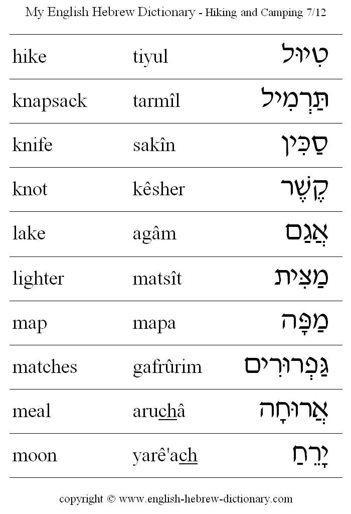 English to Hebrew -- Hiking and Camping Vocabulary: hike, knapsack, knife, knot, lake, lighter, map, matches, meal, moon