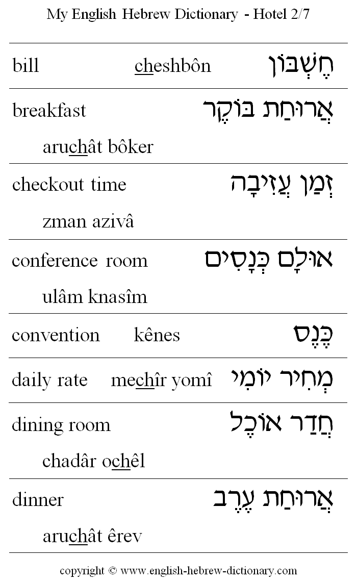 English to Hebrew -- Hotel Vocabulary: bill, breakfast, checkout time, conference room, convention, daily rate, dining room, dinner