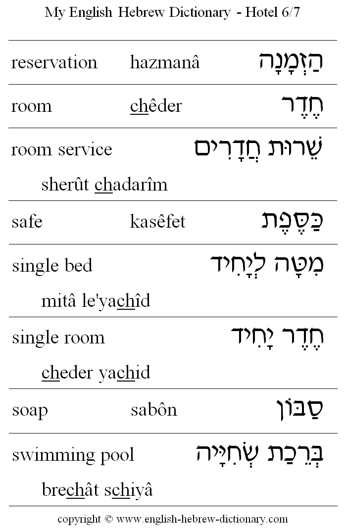 English to Hebrew -- Hotel Vocabulary: remote control, reservation, room, room service, safe, single bed, single room, soap