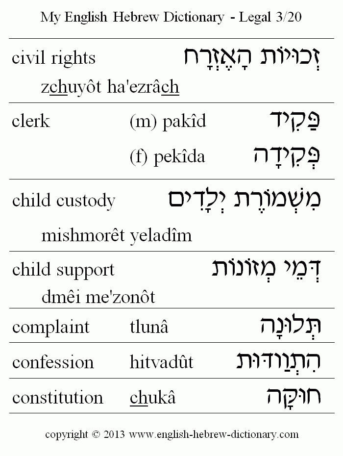 English to Hebrew -- Legal Vocabulary: civil rights, clerk, child custody, child support, complaint, confession, constitution