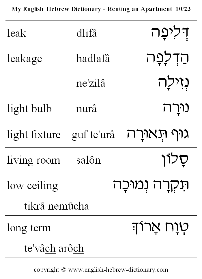 English to Hebrew -- Renting an Apartment Vocabulary: leak, leakage, light bulb, light fixture, living room, low ceiling, long term