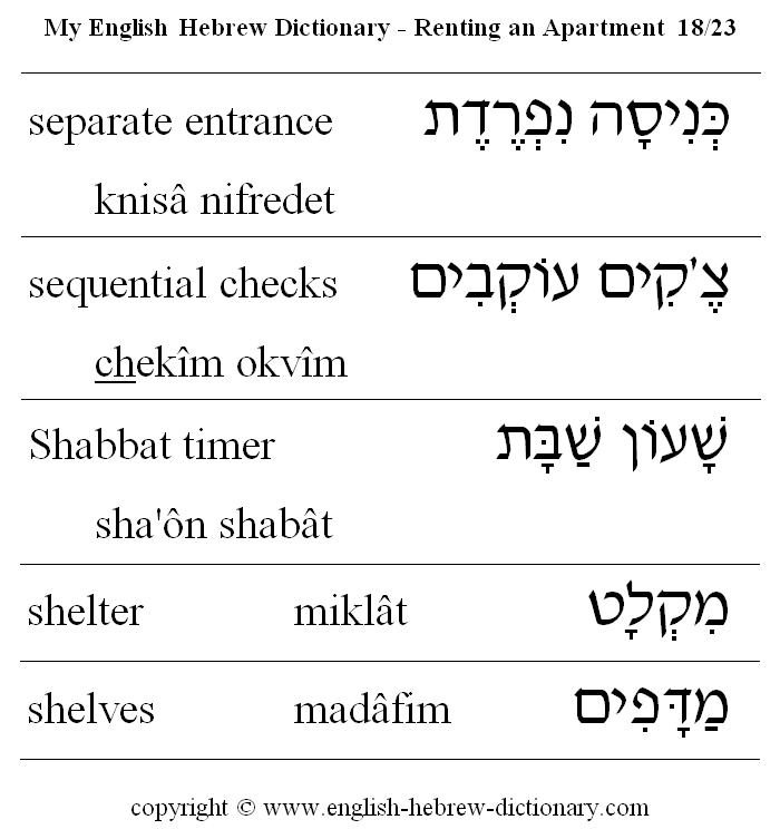 English to Hebrew -- Renting an Apartment Vocabulary: separate entrance, sequential checks, Shabbat timer, shelter, shelves