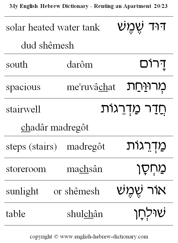 English to Hebrew -- Renting an Apartment Vocabulary: solar heated water tank, south, spacious, stairwell, steps (stairs), storeroom, sunlight, table