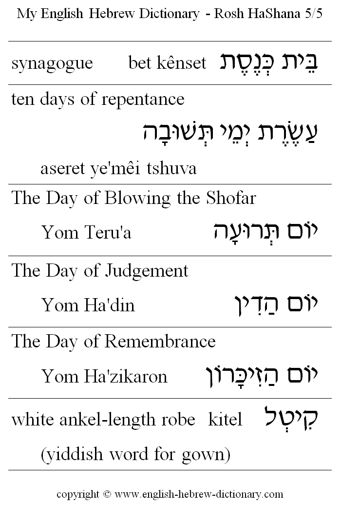English to Hebrew -- Rosh HaShana Vocabulary: synagogue, ten days of repentance, The Day of Blowing the Shofar, The Day of Judgement, The Day of Remembrance, kitel How to say in Hebrew (with vowels - nikud):  white ankel-length robe