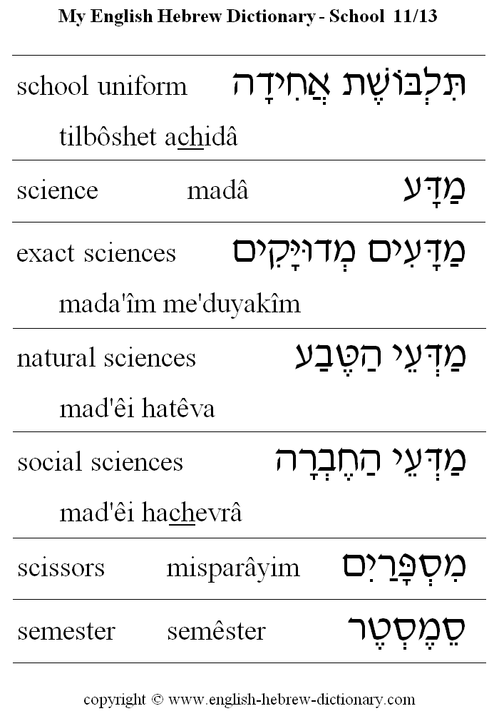 English to Hebrew -- School Vocabulary: school uniform, science, exact sciences, natural sciences, social sciences, scissors, semester