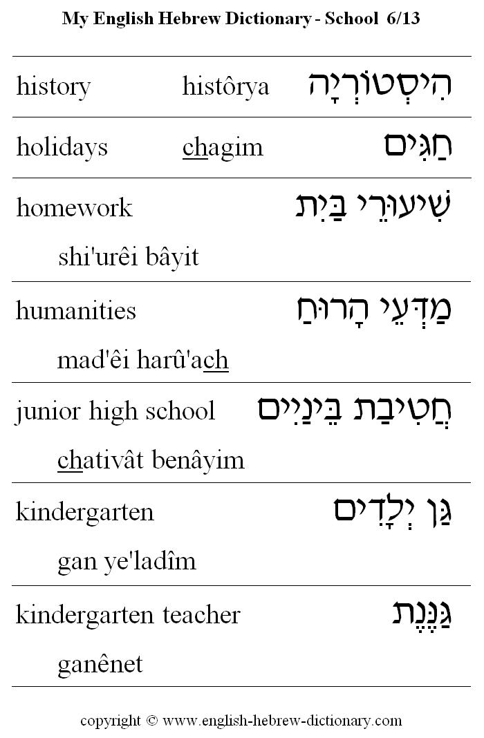 English to Hebrew -- School Vocabulary: history, holidays, homework, humanities, junior high school, kindergarten, kindergarten teacher 