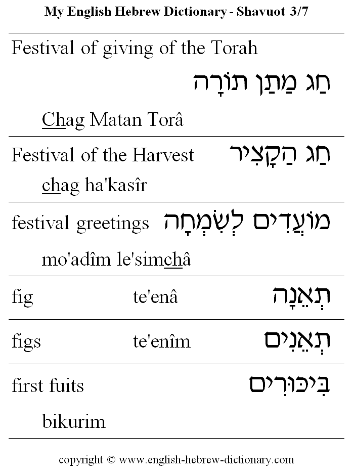 English to Hebrew -- Shavuot Vocabulary: Festival of giving of the Torah, Festival of the Harvest, festival greetins, fig, figs, first fruits