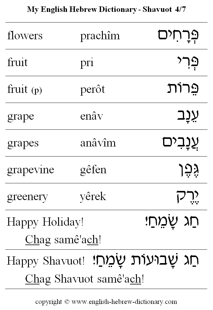 English to Hebrew -- Shavuot Vocabulary: flowers, fruit, grape, grapes, grapevine, greenery, Happy Holiday, Happy Shavuot