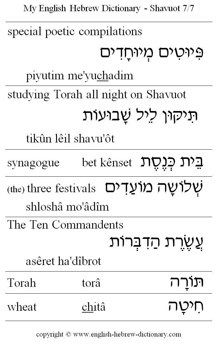 English to Hebrew -- Shavuot Vocabulary: special poetic compilations, studing Torah all night on Shavuot, Tikun Leil Shavuot, synagogue, the three festivals, The Ten Commandments, Torah, wheat