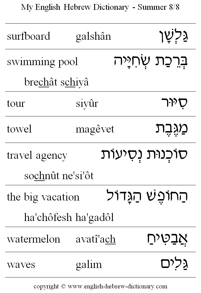 English to Hebrew -- Summer Vocabulary: surfboard, swimming pool, tour, towel, travel agency, the big vacation, watermelon, waves