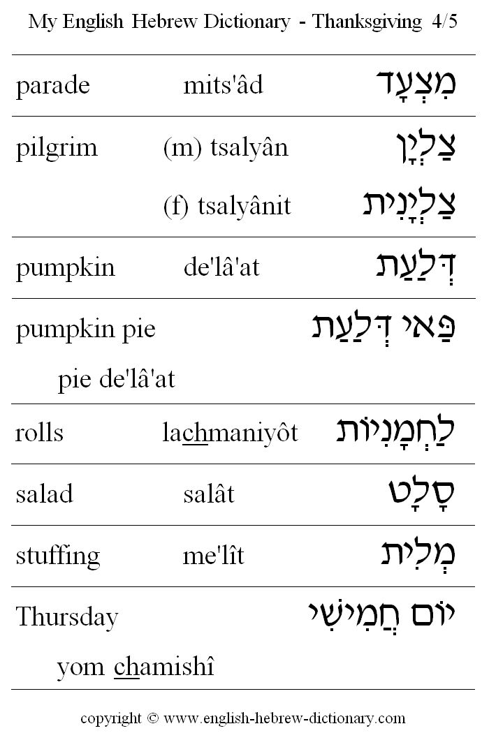English to Hebrew -- Thanksgiving Vocabulary: parade, pilgrim, pumpkin, pumpkin pie, rolls, salad, stuffing, Thursday