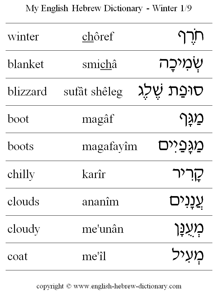 English to Hebrew -- Winter Vocabulary: winter, blanket, blizzard, boot, boots, chilly, clouds, cloudy, coat