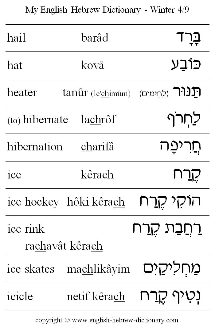 English to Hebrew -- Winter Vocabulary: hail, hat, heater, to hibernate, hibernation, ice, ice hockey, ice rink, ice skates, icicle